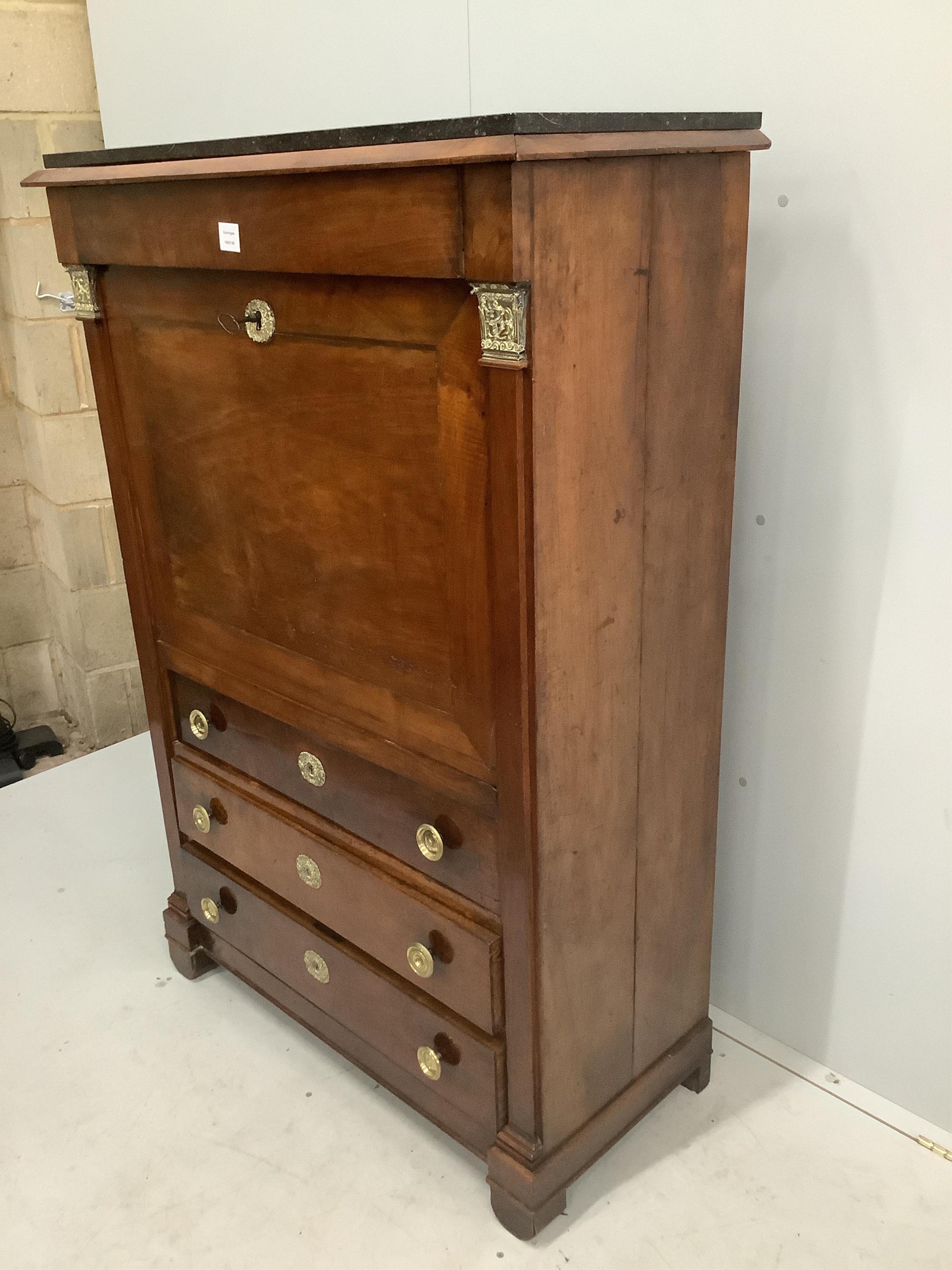 An Empire mahogany secretaire à abbatant, with later marble top, width 97cm, depth 45cm, height 144cm. Condition - fair to good